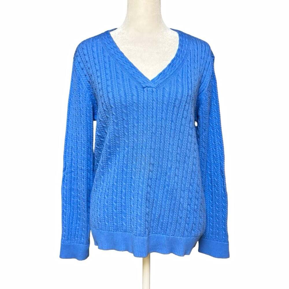Talbots Blue 100% Pima Cotton Cable Knit V-Neck Pullover Sweater Womens M